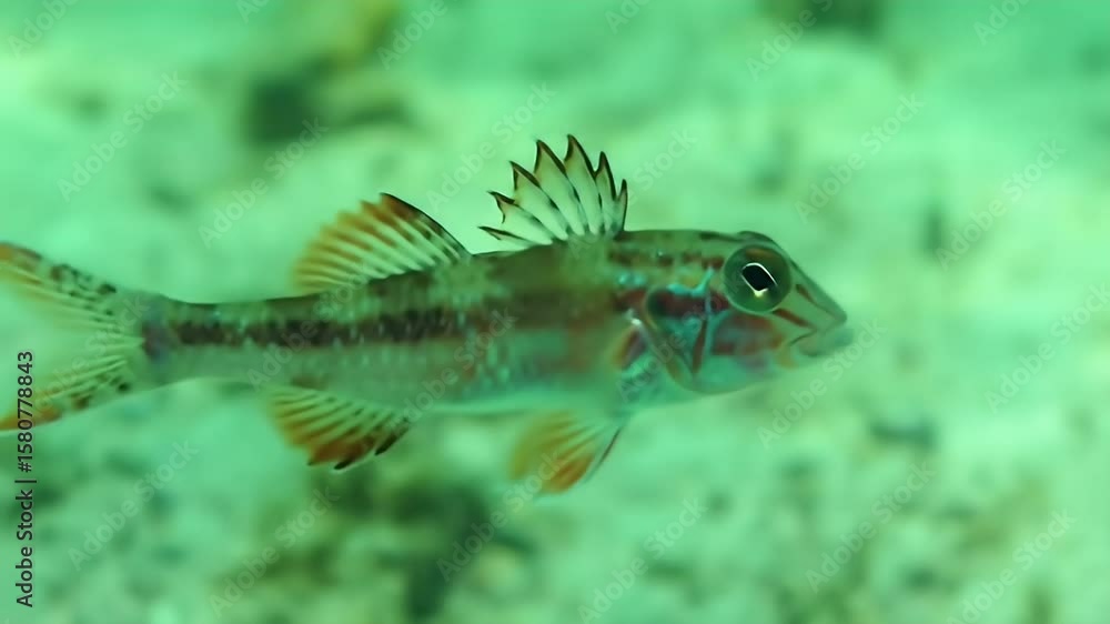 Vibrant Striped Fish Swimming in Clear Tropical Ocean Water Over Sandy Seabed Vibrant Striped Fish Swimming in Clear Tropical Ocean Water Over Sandy Seabed