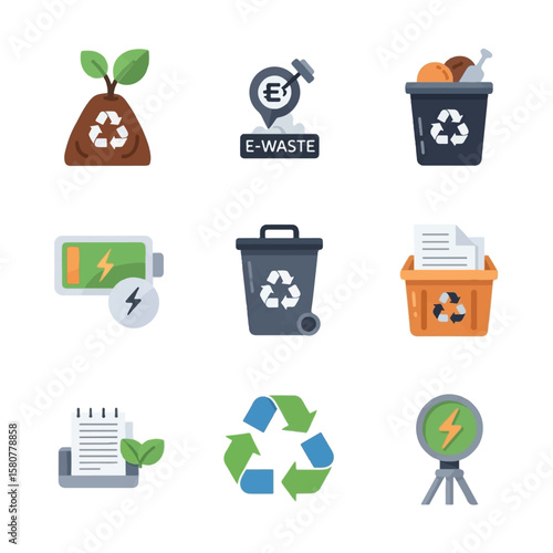 Recycling icons depicting waste disposal, e-waste management, and renewable energy.