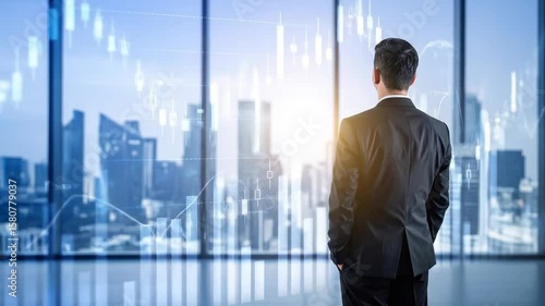 A suited figure gazes out a modern office window at a city skyline, stock market graphics overlayed