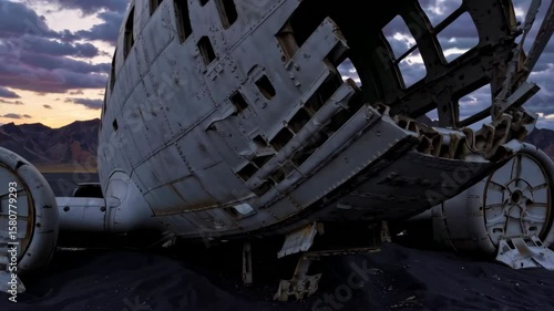 Dramatic sunset over abandoned plane wreckage in scenic desert landscape
