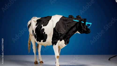 Stylish cow struts in blue sunglasses against vibrant background