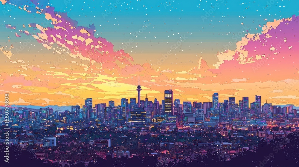 Fototapeta premium A skyline view of Johannesburg at sunset with skyscrapers and vibrant city life.