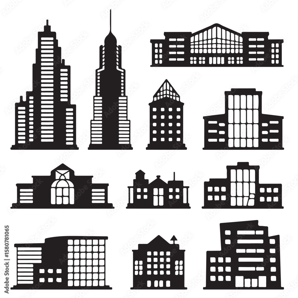 Fototapeta premium set vector various Buildings icon and office icon vector silhouettes