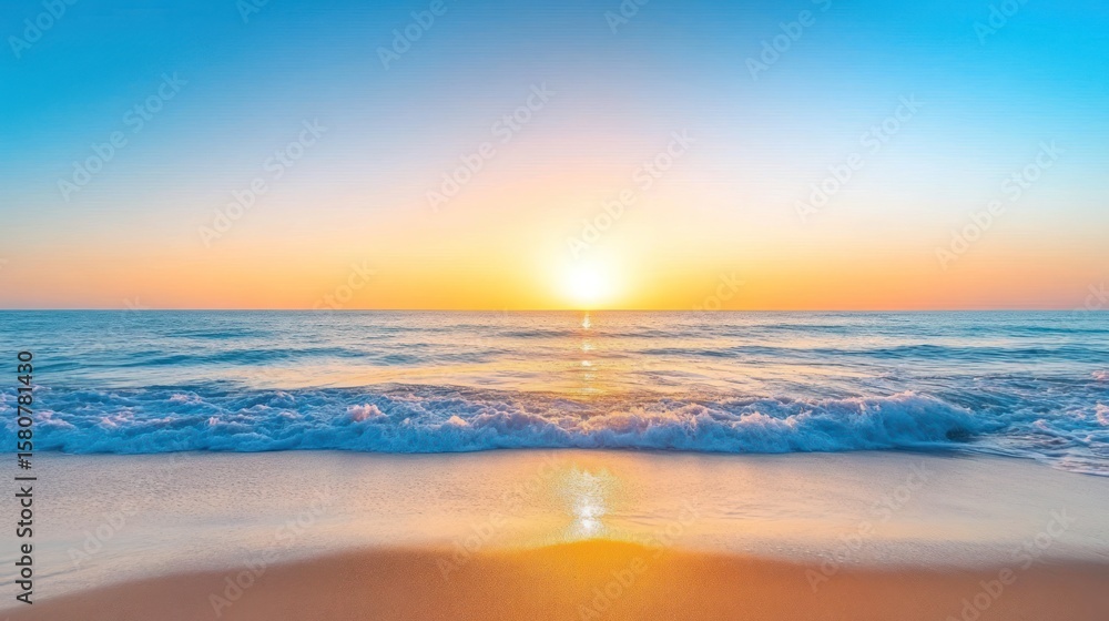 Fototapeta premium Golden sunrise over a tranquil ocean beach.