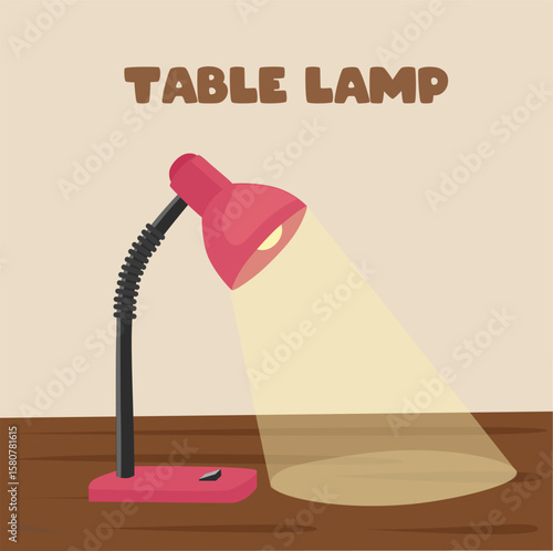 Table lamp vector. School supplies clip art. Back to school. Desk lamp. Lighting equipment clipart set in flat cartoon style isolated on wooden table background.