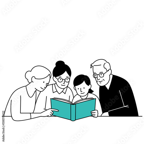Family reading together from a book in minimalist style  
