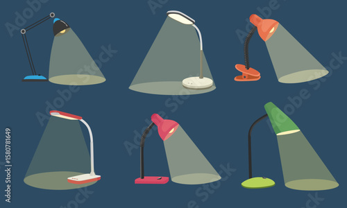 Shining table lamp vector with ray light. School supplies clip art. Back to school. Desk lamp. Lighting equipment clipart set in flat cartoon style isolated on dark background.
