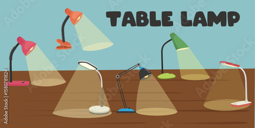 Table lamp vector. School supplies clip art. Back to school. Desk lamp. Lighting equipment clipart set in flat cartoon style isolated on wooden table background.