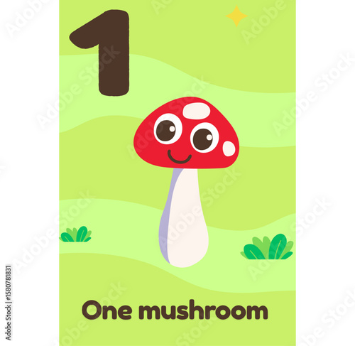  A cute red and white mushroom with big eyes and a smile stands alone on a bright green background with the English text "One mushroom."