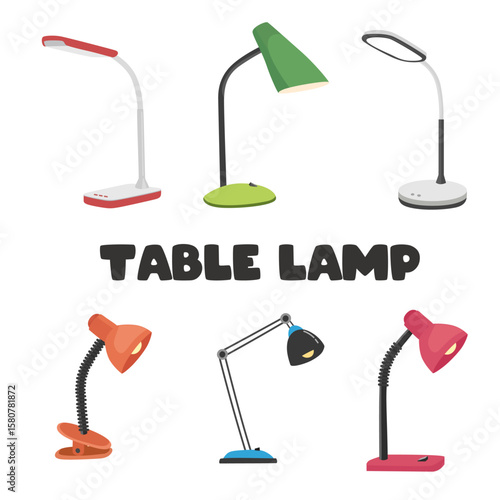 Table lamp vector. School supplies clip art. Back to school. Desk lamp. Lighting equipment clipart set in flat cartoon style isolated on white background.