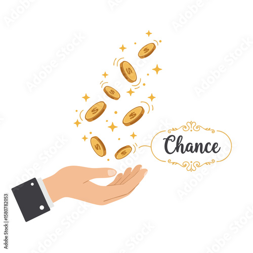 Hand Tossing Spinning Coins with ‘Chance’ Label Flat Icon