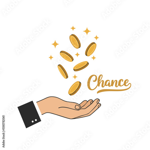 Hand Tossing Spinning Coins with ‘Chance’ Label Flat Icon