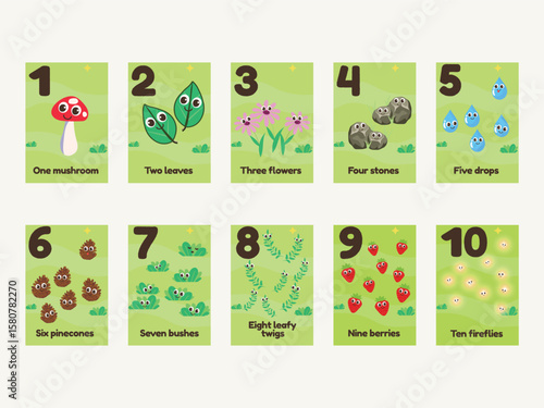 A colourful set of illustrated English number cards from 1 to 10, each featuring a different nature-related object such as mushrooms, leaves, flowers and fireflies, helping children learn counting in 