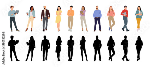 Vector detailed silhouettes set of standing people male and female full body front view with body gesture isolated on white background. Crowd, group of people vector illustration
