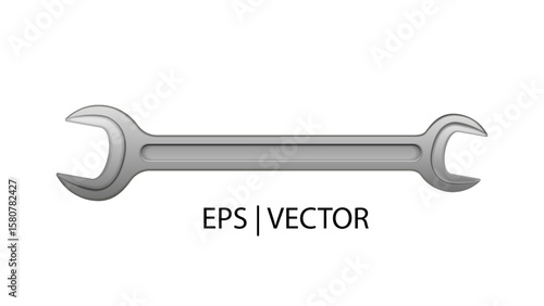 Realistic vector wrench or spanner isolated on white background. Close up silver metal stainless wrench. Top view. Two-way wrench tool.