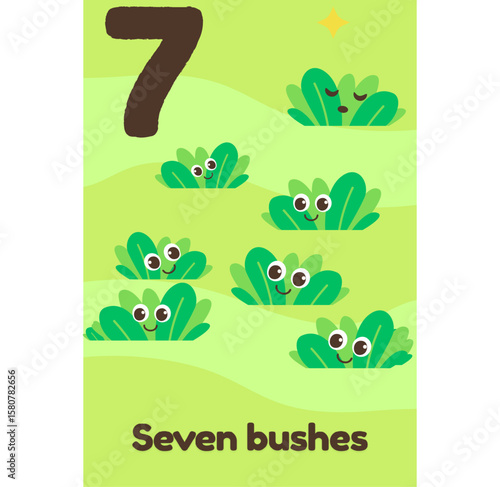 Seven happy green bushes with big expressive eyes are spread out on a grassy landscape, labeled "Seven bushes."