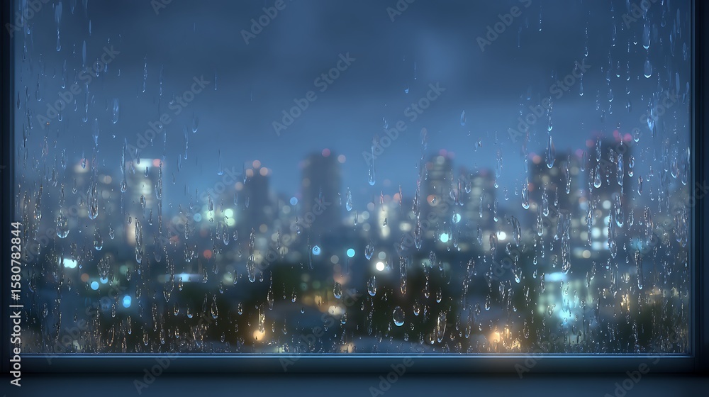 Obraz premium Rainy Night Cityscape Viewed Through a Wet Window