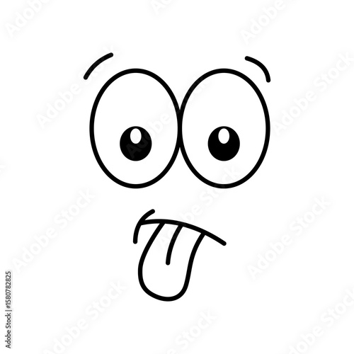 Funny Cartoon Face with Silly Eyes and Tongue Out. Black-and-white illustration of a humorous cartoon face with large, exaggerated eyes and a tongue sticking out.