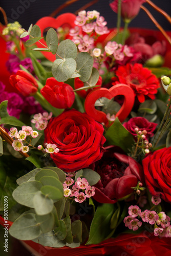 Romantic Red Floral Composition with Heart Accents