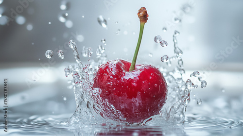 High-Speed Capture of Red Cherries Plunging into Water: Glossy Skins Creating Splash and Ripples, Submerged Bubbles, and Clear Glass on White Surface