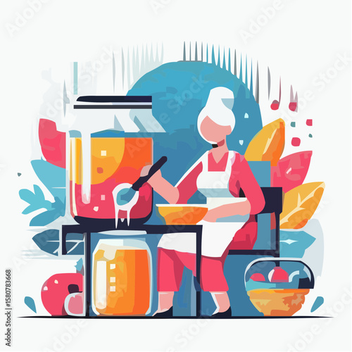 Elderly woman making jam in a kitchen with fruit and leaves background  