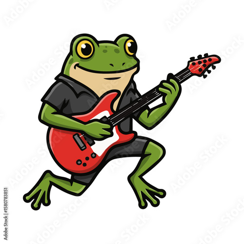 Energetic cartoon frog guitarist playing electric guitar. Music, entertainment, performance. Lively character for bands, concerts, and vibrant musical themes.