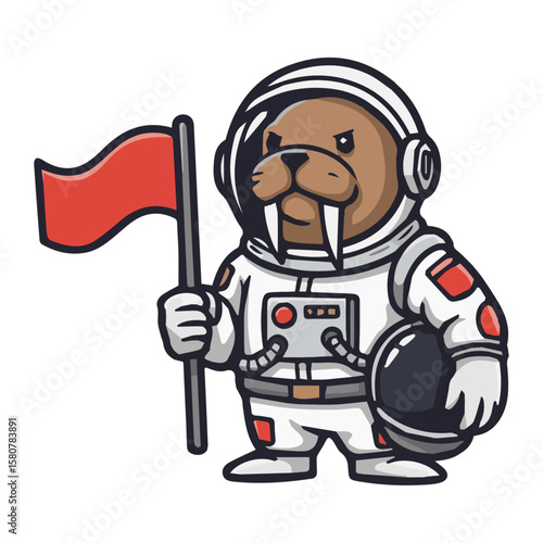 Brave cartoon Wallrus astronaut in spacesuit, helmet, holding flag. Space exploration, discovery, science. Wonders of universe. Curious, adventurous voyager.