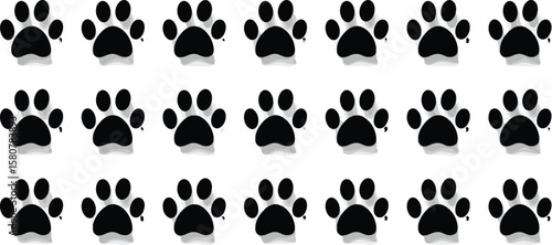 Repeated Black Paw Print Icons: Cute Animal Footprints with Subtle Shadow, Ideal for Pet, Animal, and Nature-Themed Backgrounds or Patterns