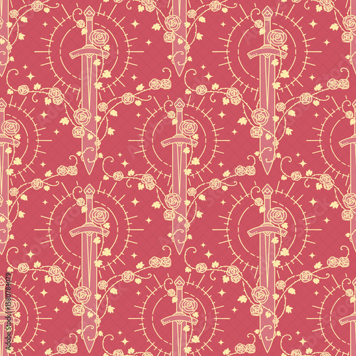 Seamless pattern with fantasy theme, sword and rose, shining light of the knight of beauty.