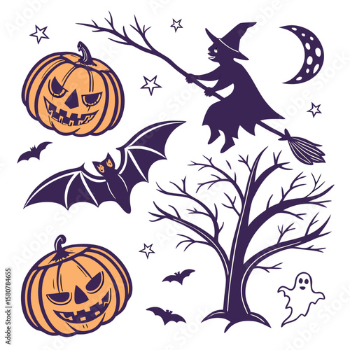 Spooky Halloween Vector Set Jackolanterns Bats Witch Ghost Tree Moon Stars