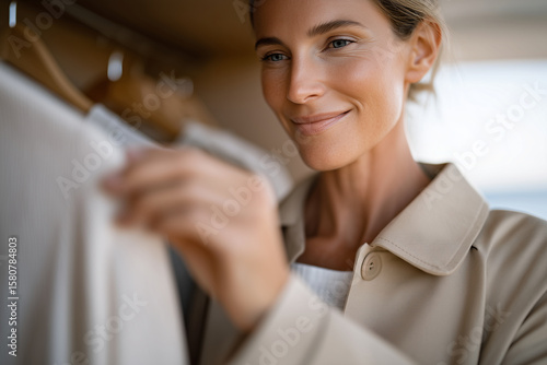 woman putting away summer dresses, hanging beige trench coat in closet, soft warm morning light, 