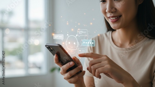 Smiling woman interacting with AI chatbot on smartphone digital technology