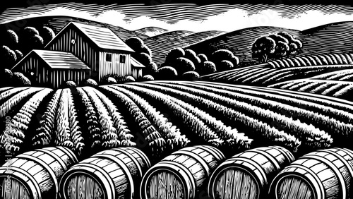 Vineyard farm in Napa Valley, California, with grapevines, wooden barrels, farmhouse, and sunset backdrop, drawn as black and white line art illustration for wine, travel, and agricultural branding