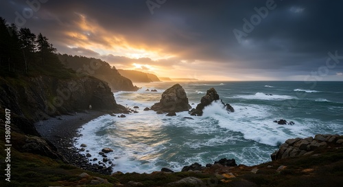 Rocks and cliffs along a rugged coastline with crashing waves and a dramatic sky in the background, concept of raw nature, scenic power, and coastal beauty.