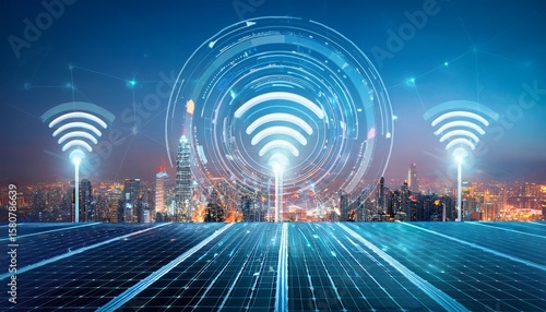 cityscape with prominent wifi towers