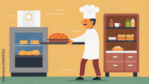 A chef is carrying a tray of food out of an oven. The oven is next to a refrigerator