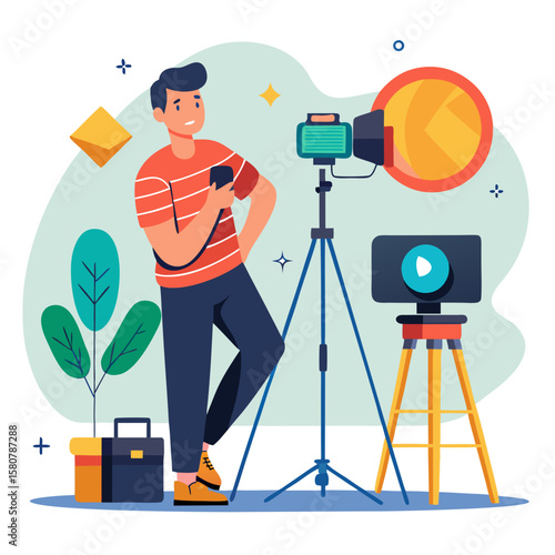 A man is standing in front of a camera with a tripod. He is holding a cell phone in his hand. The scene is set in a studio with a desk and a chair. The man is a photographer or a videographer