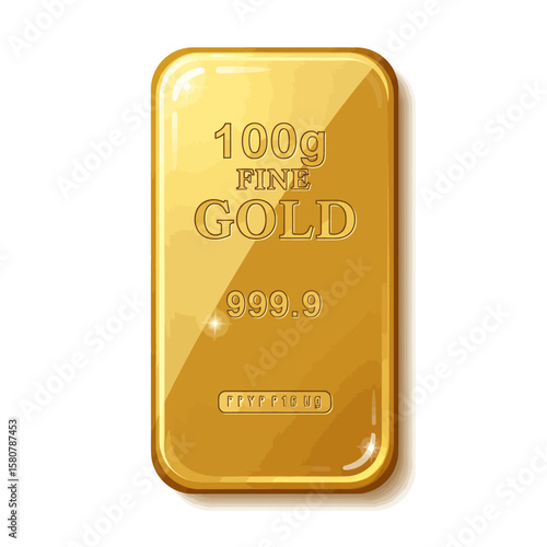 A gleaming 100g fine gold bar, signifying wealth and investment, stands upright with a reflective surface on a clean white background.