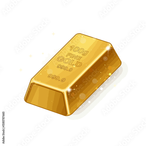 A shiny, golden bullion bar, isolated on a white background, represents wealth, investment, and the allure of precious metals in a crisp, clean illustration.