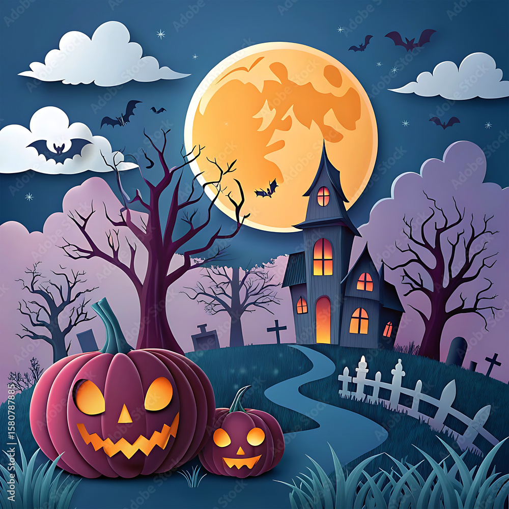 Fototapeta premium Spooky halloween night with glowing pumpkins and haunted house under a large full moon