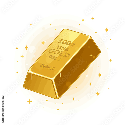 A cartoon illustration presents a gleaming 100g gold bar against a sparkling white backdrop, symbolizing wealth, investment, and financial security in a simple design.