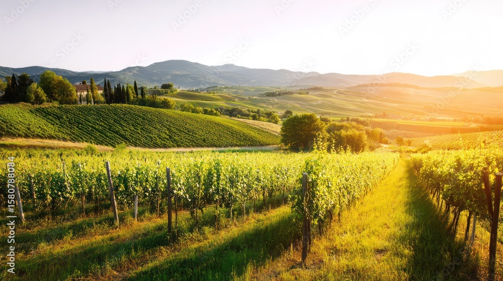 Fototapeta premium Panoramic view of a vineyard at sunset, with rolling hills and neat rows of grapevines in golden light.