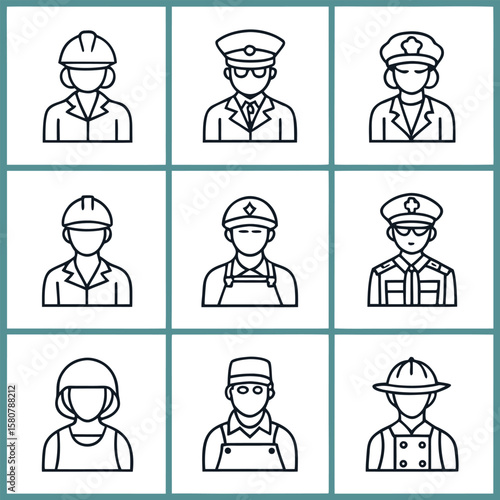 Occupational Icons Line Art of Diverse Professions