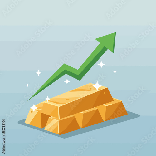 A stack of gold bars with a green upward-pointing arrow, symbolizing growth and financial success against a light blue backdrop, representing wealth.