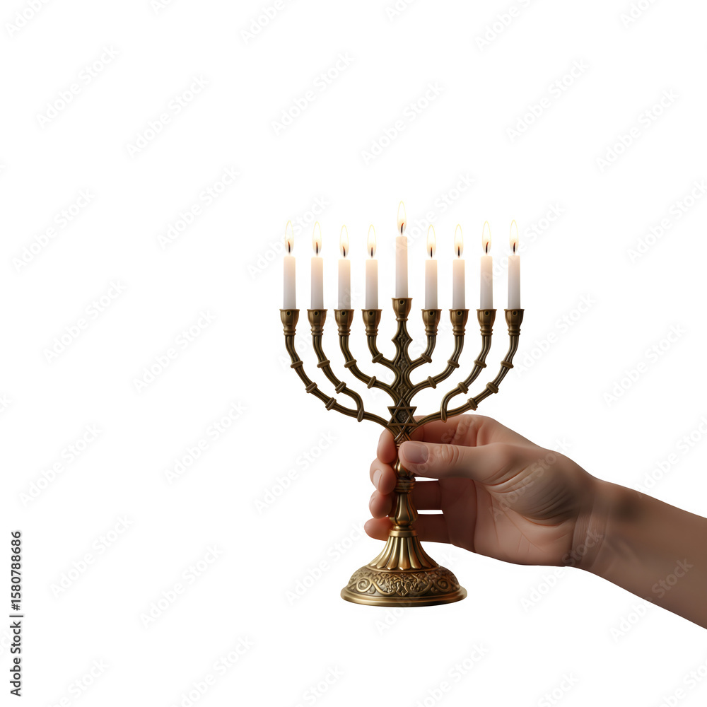 Fototapeta premium Hand Holding a Lit Hanukkah Menorah isolated on a transparent background 