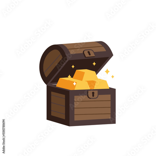 An open wooden treasure chest overflowing with shiny gold bars and sparkling light effects, symbolizing wealth and riches.