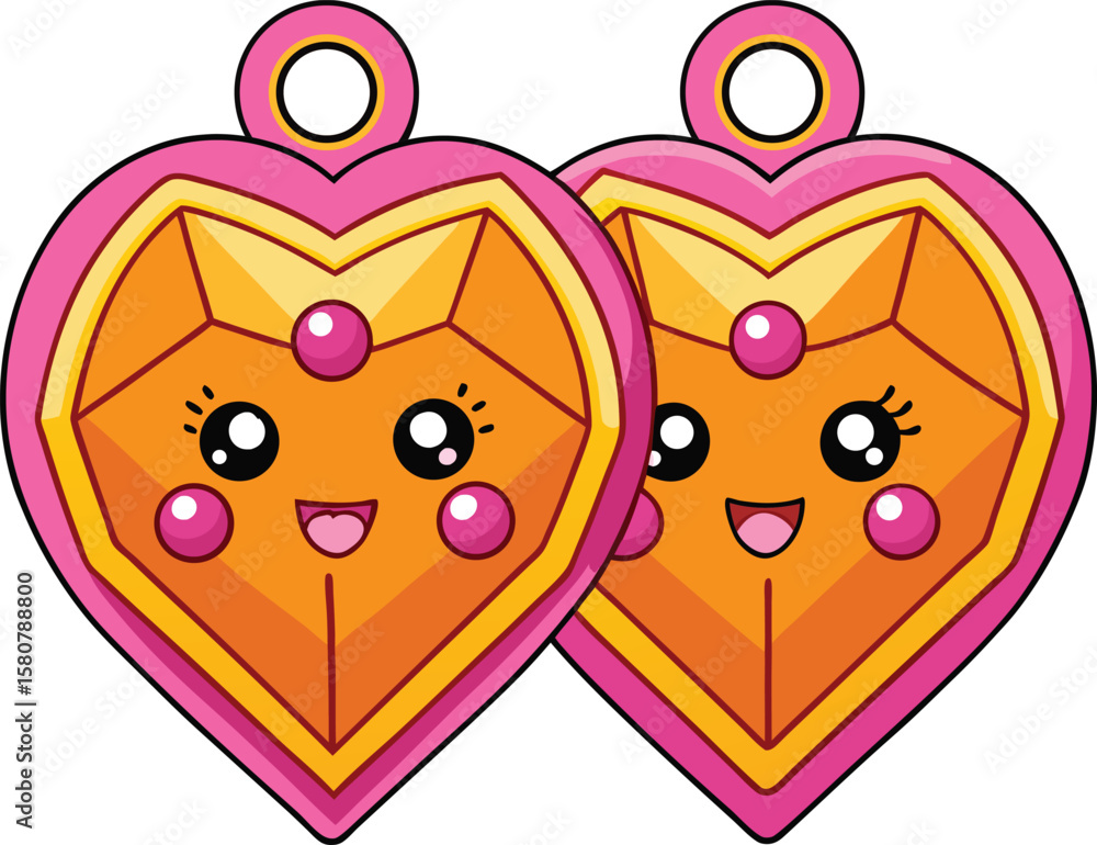 Fototapeta premium Gem Heart Earrings in Kawaii Flat Vector Style on White Background
