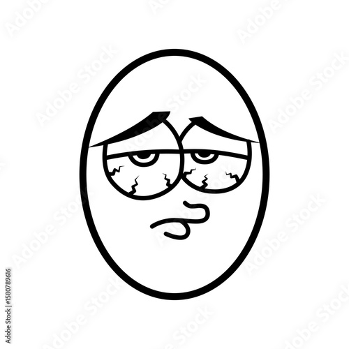 Tired Cartoon Egg Face – Sleepy or Sick Expression Doodle. Black and white cartoon illustration of an egg-shaped face with bloodshot eyes and a droopy mouth, expressing exhaustion or sickness.