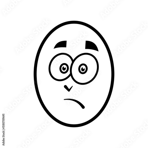 Worried Cartoon Egg Face with Sad Expression. Black-and-white illustration of a cartoon egg face showing a worried or anxious expression.