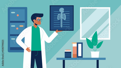 A doctor is standing in front of a wall with a skeleton on it. He is pointing to the skeleton and talking about it